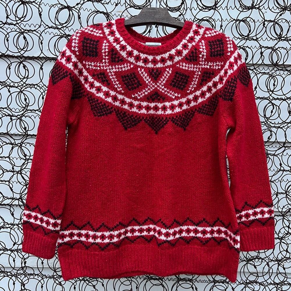 J. Jill Windham Fair Isle Pull Over Red Nordic Ski Vibes Wool Blend Sweater MED
